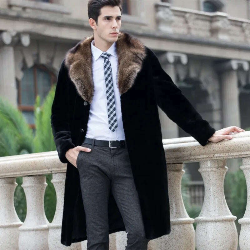 Luxury Brand Winter Long Faux Fur Coat Men Windproof Fur Collar Trench Coat Slim Business Casual Long Sleeve Fur Coat Plus Size - KIMLUD