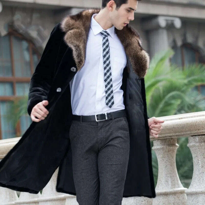 Luxury Brand Winter Long Faux Fur Coat Men Windproof Fur Collar Trench Coat Slim Business Casual Long Sleeve Fur Coat Plus Size - KIMLUD