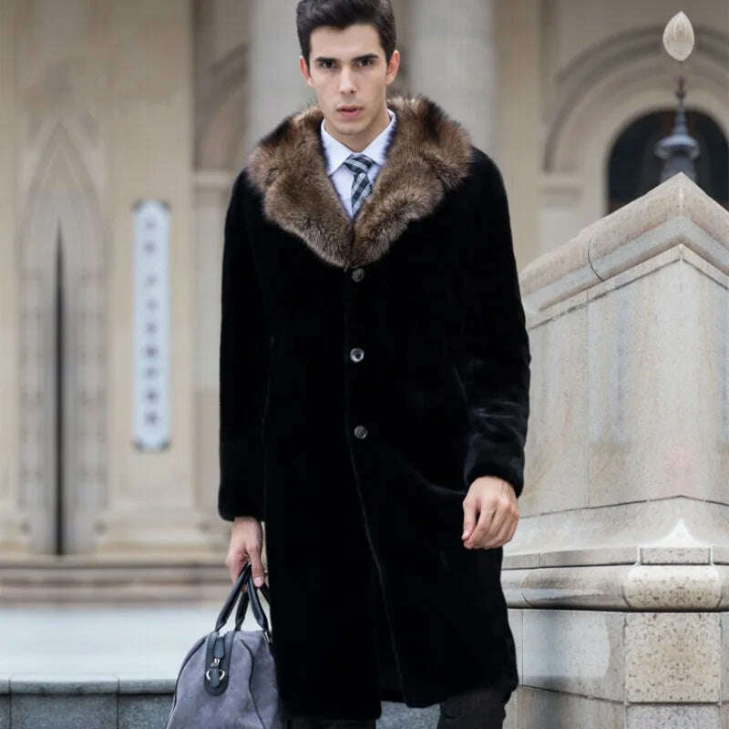 Luxury Brand Winter Long Faux Fur Coat Men Windproof Fur Collar Trench Coat Slim Business Casual Long Sleeve Fur Coat Plus Size - KIMLUD