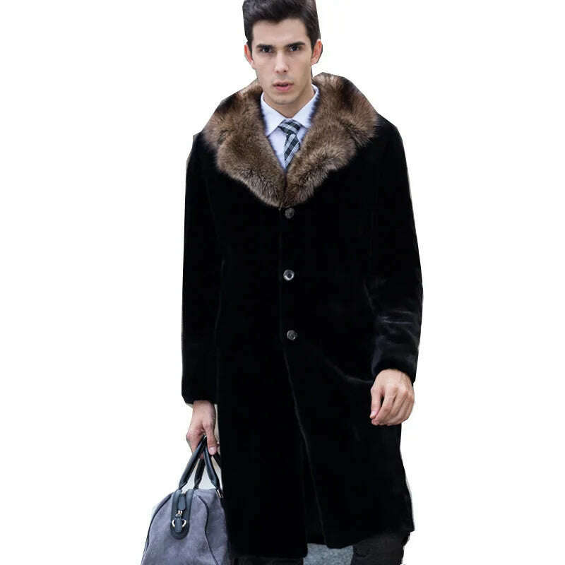 Luxury Brand Winter Long Faux Fur Coat Men Windproof Fur Collar Trench Coat Slim Business Casual Long Sleeve Fur Coat Plus Size - KIMLUD