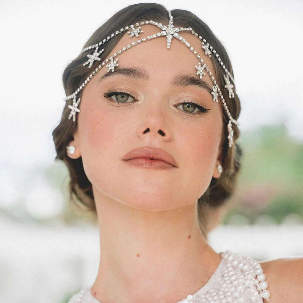 KIMLUD, Luxury Bridal Star Head Chain Mesh Jewelry for Women Accessories Princess Prom Wedding Crystal Multi Layer Head Chain Tiara Gift, KIMLUD Womens Clothes