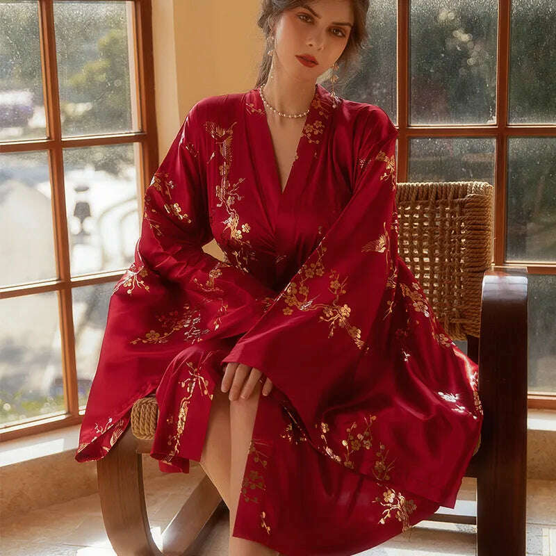 Luxury Burgundy Kimono Robe Women Wedding Bride Bathrobe Sexy Bronzing Flower Morning Dressing Gown Elegant Sleepwear Nightgown - KIMLUD