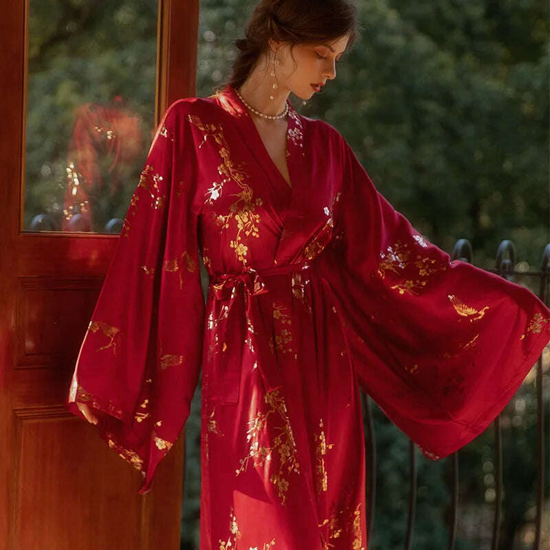 Luxury Burgundy Kimono Robe Women Wedding Bride Bathrobe Sexy Bronzing Flower Morning Dressing Gown Elegant Sleepwear Nightgown - KIMLUD