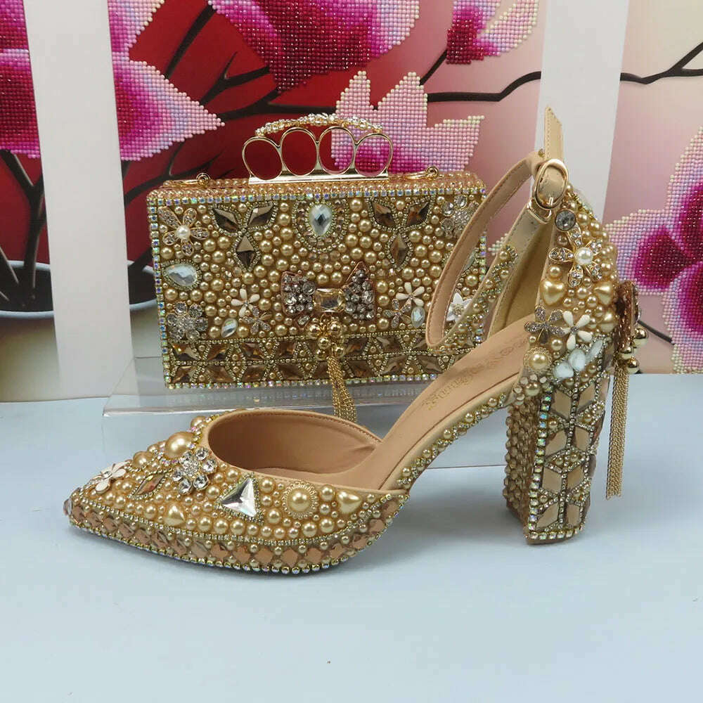 KIMLUD, Luxury Champagne Golden Crystal wedding shoes matching bags woman fashion Thick heel Women party dress shoes Pointed Toe shoes, 10cm shoe and bag / 4, KIMLUD Womens Clothes