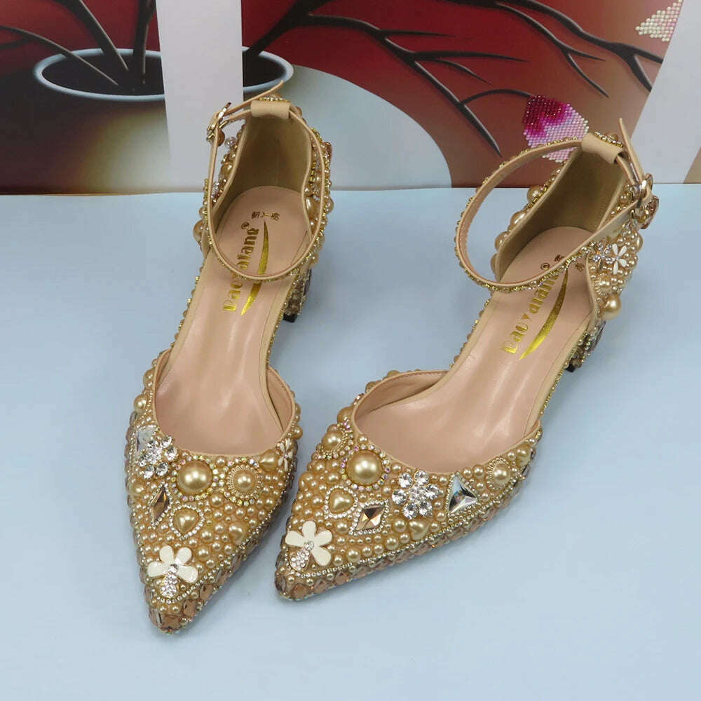 KIMLUD, Luxury Champagne Golden Crystal wedding shoes matching bags woman fashion Thick heel Women party dress shoes Pointed Toe shoes, 8cm shoe Only / 4, KIMLUD Womens Clothes