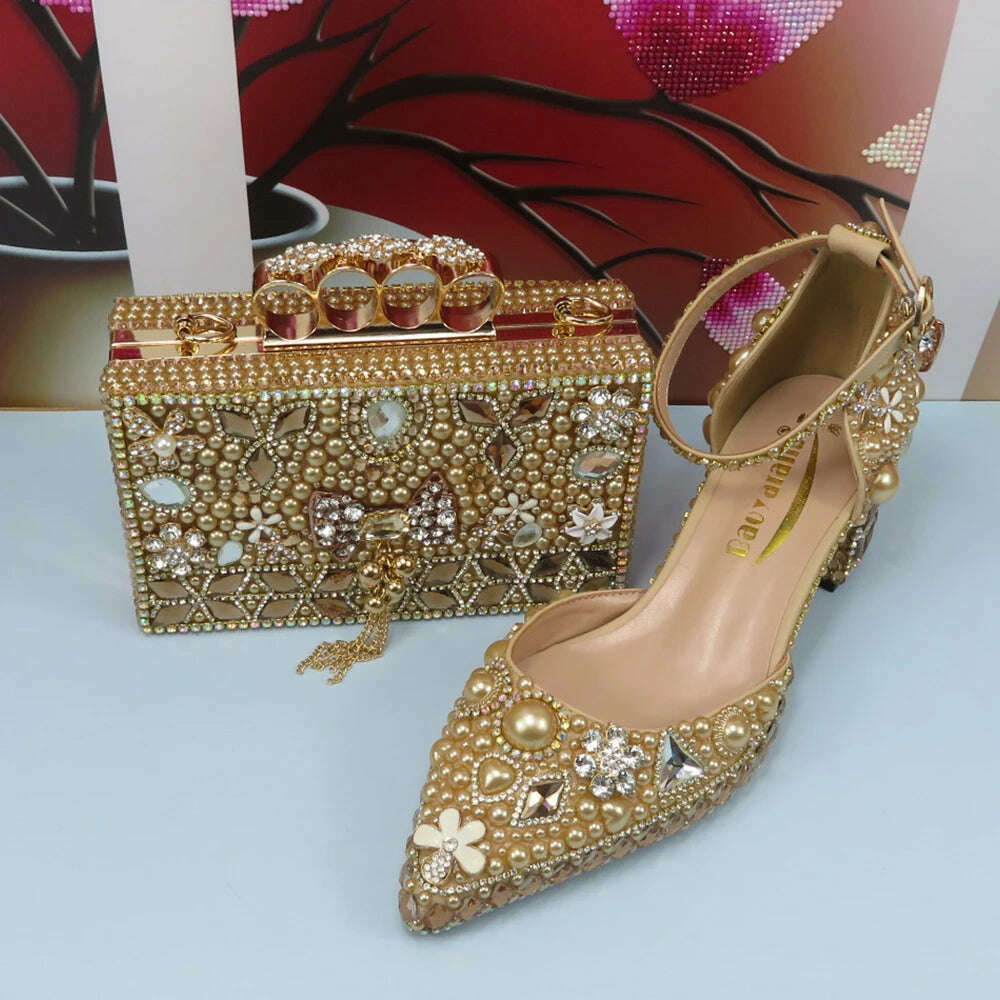KIMLUD, Luxury Champagne Golden Crystal wedding shoes matching bags woman fashion Thick heel Women party dress shoes Pointed Toe shoes, 8cm shoe and bag / 4, KIMLUD Womens Clothes