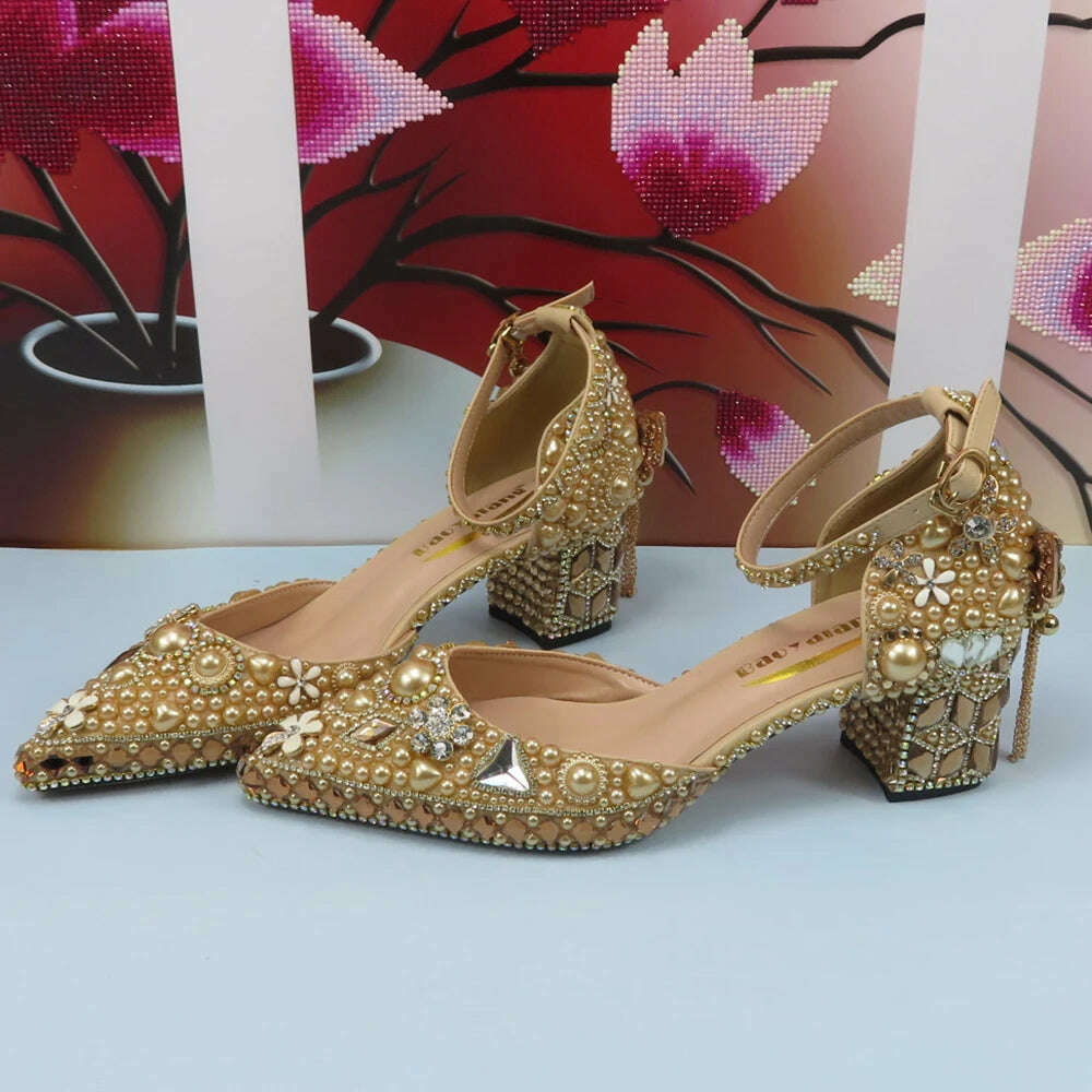 KIMLUD, Luxury Champagne Golden Crystal wedding shoes matching bags woman fashion Thick heel Women party dress shoes Pointed Toe shoes, KIMLUD Womens Clothes