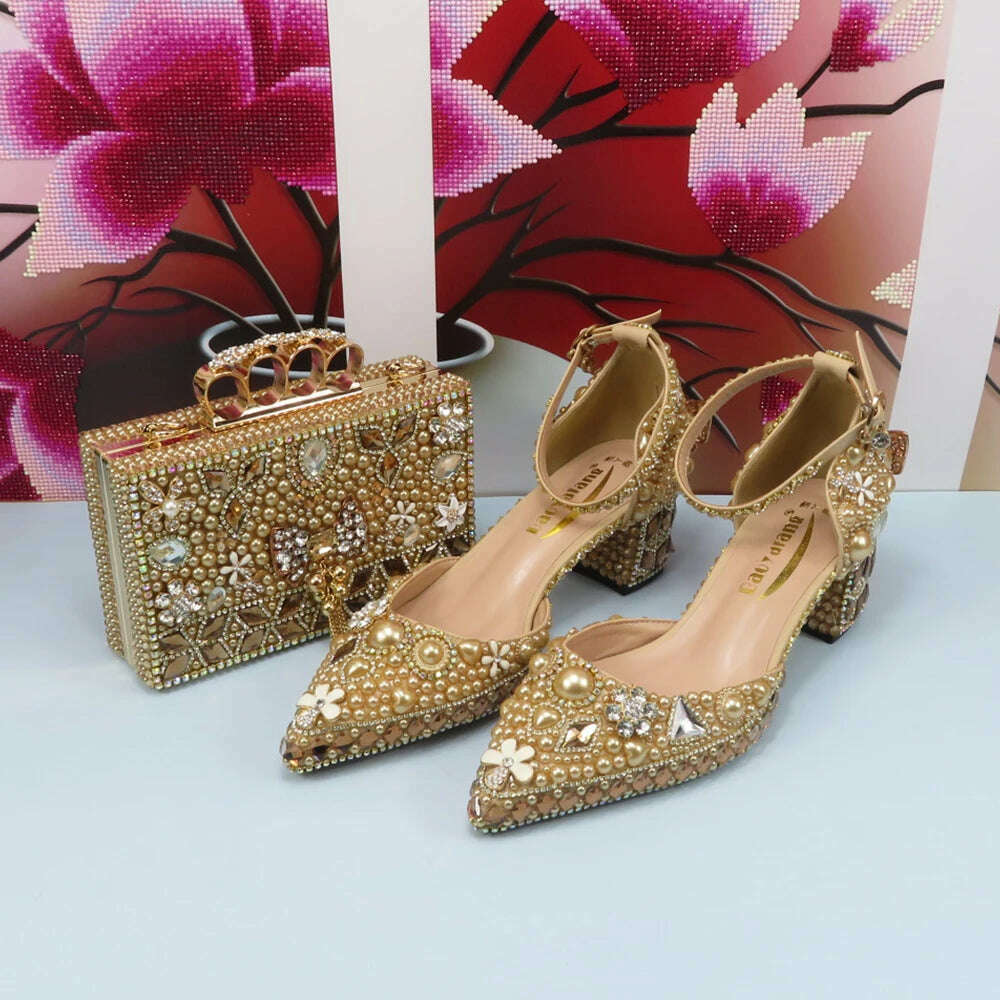 KIMLUD, Luxury Champagne Golden Crystal wedding shoes matching bags woman fashion Thick heel Women party dress shoes Pointed Toe shoes, KIMLUD Womens Clothes