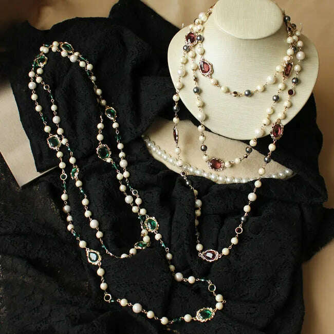 Luxury Crystal Long Pearl Pendant Necklace for Women Sweater Chain Boho Korean Designer Style Jewelry - KIMLUD