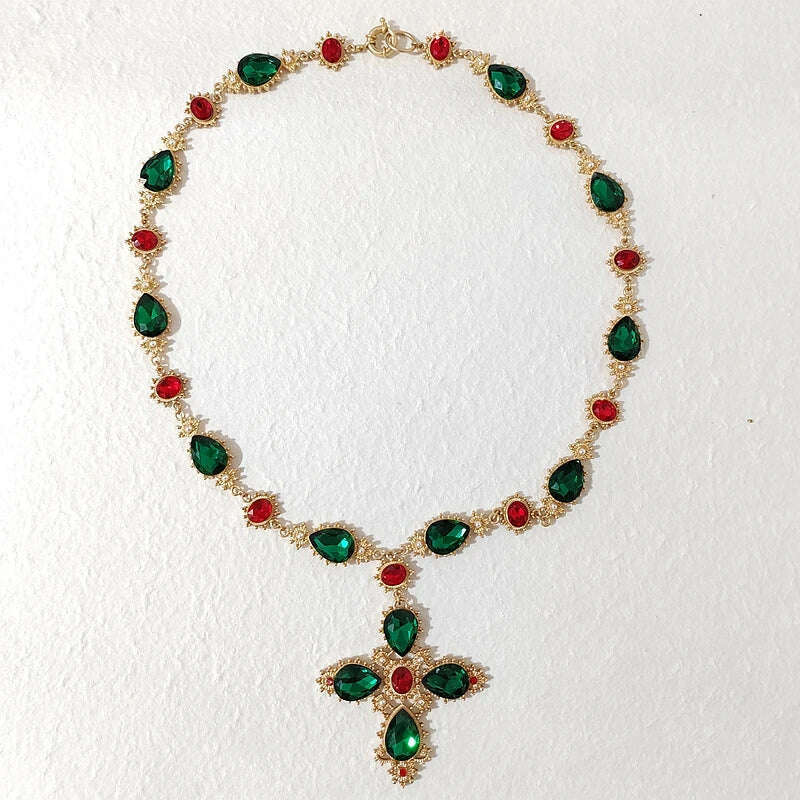 KIMLUD, Luxury Crystal Statement Choker  Cross  Necklaces for Women Accossery Party Jewelry, green, KIMLUD APPAREL - Womens Clothes