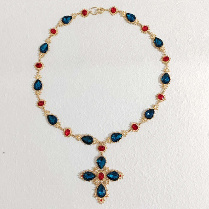 KIMLUD, Luxury Crystal Statement Choker  Cross  Necklaces for Women Accossery Party Jewelry, blue, KIMLUD APPAREL - Womens Clothes