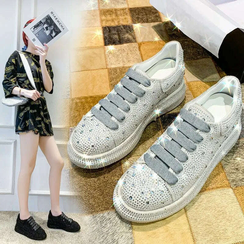 KIMLUD, Luxury Crystal Women Causal Shoes Designer Platform Woman-shoes Belt Diamond Casual Sports Shoes Rhinestone Fashion Heels 35-42, WHITE / 42, KIMLUD Womens Clothes