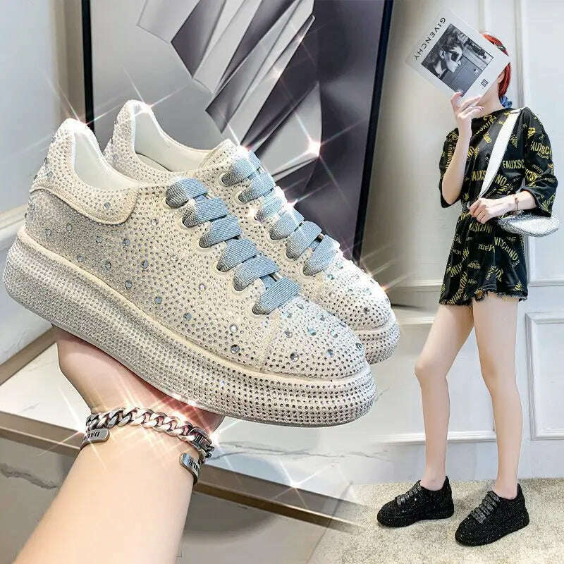 KIMLUD, Luxury Crystal Women Causal Shoes Designer Platform Woman-shoes Belt Diamond Casual Sports Shoes Rhinestone Fashion Heels 35-42, KIMLUD Womens Clothes