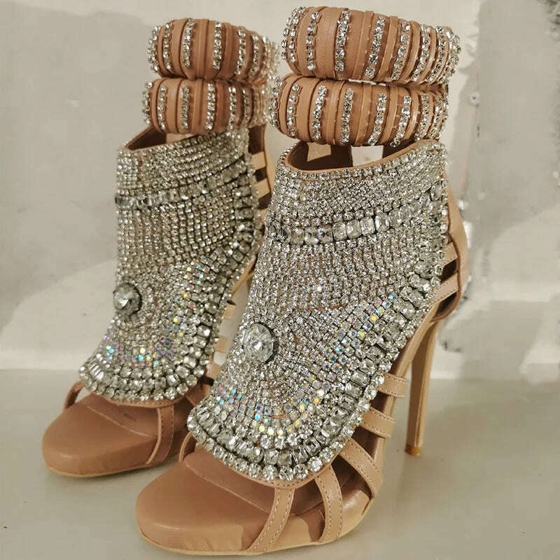 KIMLUD, Luxury Design Diamonds Women High Heels Large Size 47 Stiletto Sandals Rhinestone Ladies Party Dress Mule Shoes, apricot / 35, KIMLUD Womens Clothes
