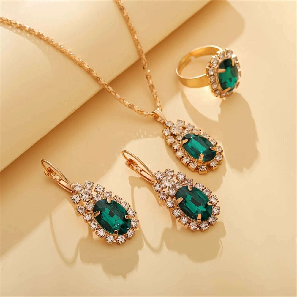 KIMLUD, Luxury Design Water Drop Green Crystal Pendant Earring Necklace Ring Set Beautiful Women's Party Jewelry Romantic Valentine Gift, KIMLUD Womens Clothes