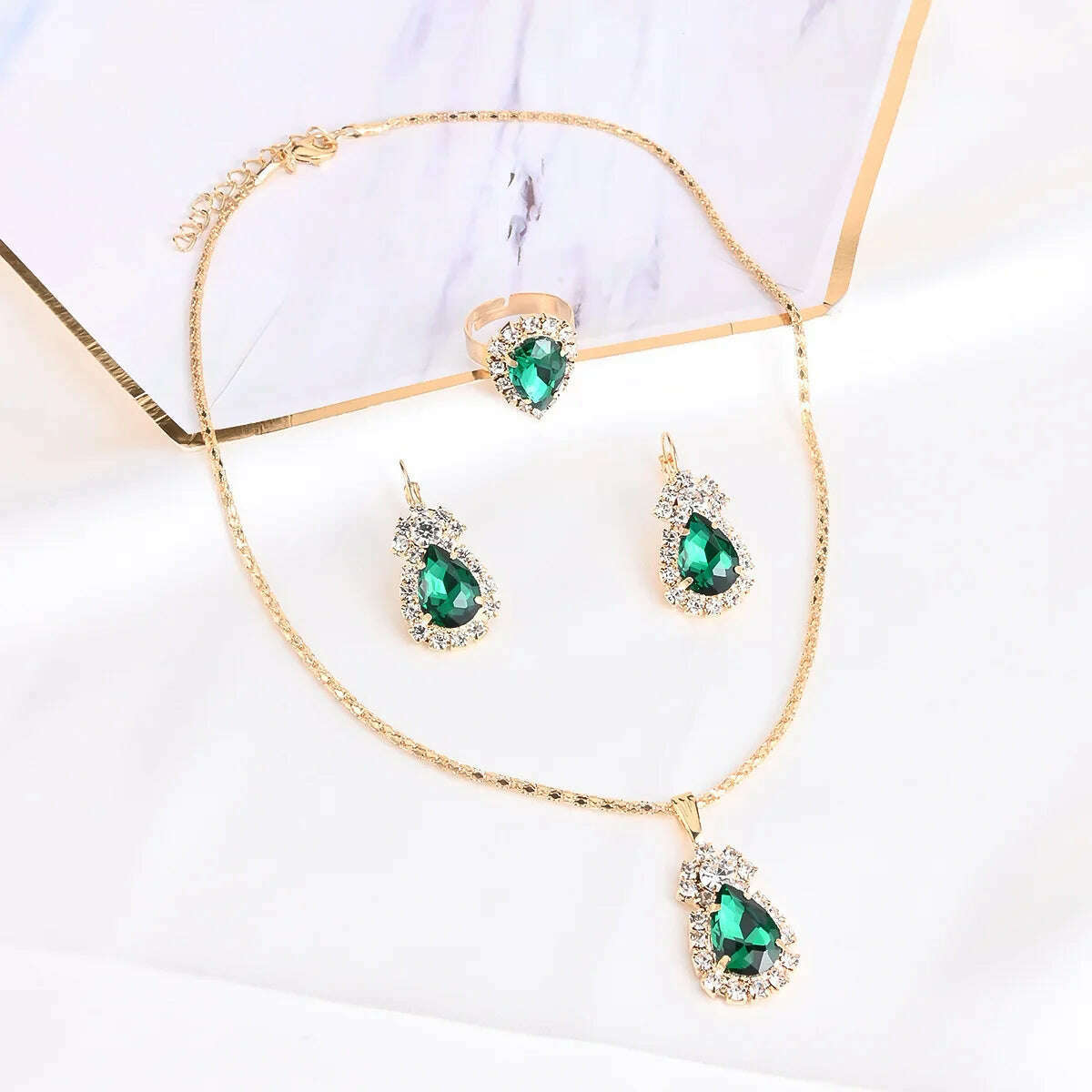 KIMLUD, Luxury Design Water Drop Green Crystal Pendant Earring Necklace Ring Set Beautiful Women's Party Jewelry Romantic Valentine Gift, Green, KIMLUD APPAREL - Womens Clothes