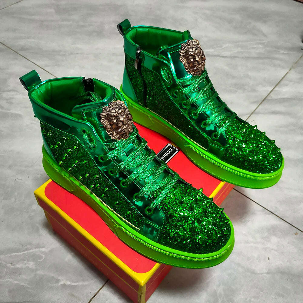 KIMLUD, Luxury designer Diamond Casual shoes High quality riveted high top suede zipper sneakers Zapatos Hombre A7, green / 44, KIMLUD APPAREL - Womens Clothes