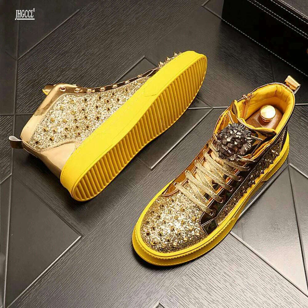 KIMLUD, Luxury designer Diamond Casual shoes High quality riveted high top suede zipper sneakers Zapatos Hombre A7, Gold / 44, KIMLUD APPAREL - Womens Clothes