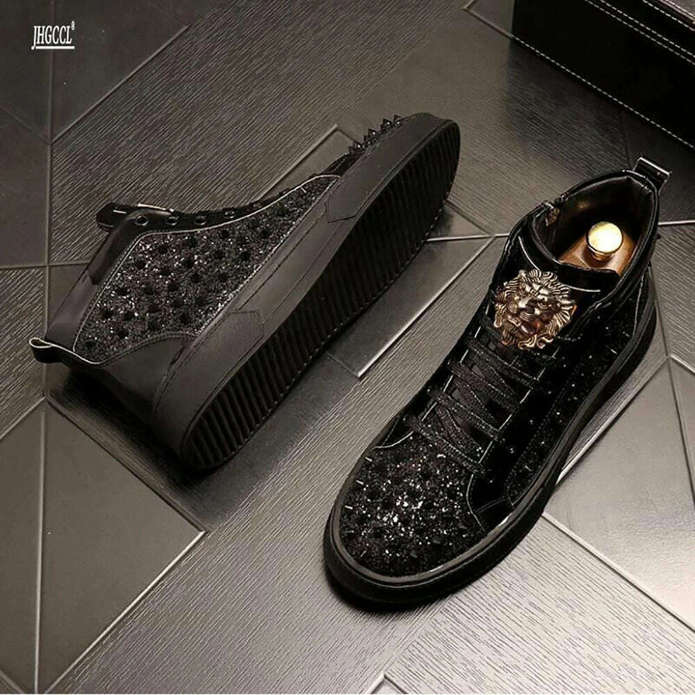 KIMLUD, Luxury designer Diamond Casual shoes High quality riveted high top suede zipper sneakers Zapatos Hombre A7, black / 44, KIMLUD APPAREL - Womens Clothes