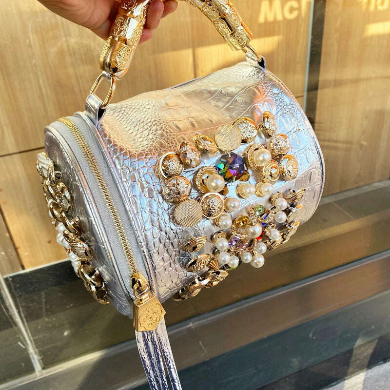 KIMLUD, luxury Designer Handbag for women purses and handbag Handmade Beaded Pillow Bag Casual silver bucket Messenger shoulder Bag, KIMLUD Women's Clothes