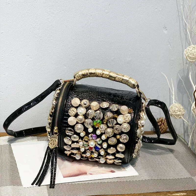KIMLUD, luxury Designer Handbag for women purses and handbag Handmade Beaded Pillow Bag Casual silver bucket Messenger shoulder Bag, black A, KIMLUD Womens Clothes