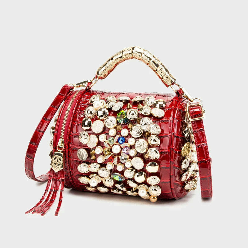 KIMLUD, luxury Designer Handbag for women purses and handbag Handmade Beaded Pillow Bag Casual silver bucket Messenger shoulder Bag, red, KIMLUD Womens Clothes