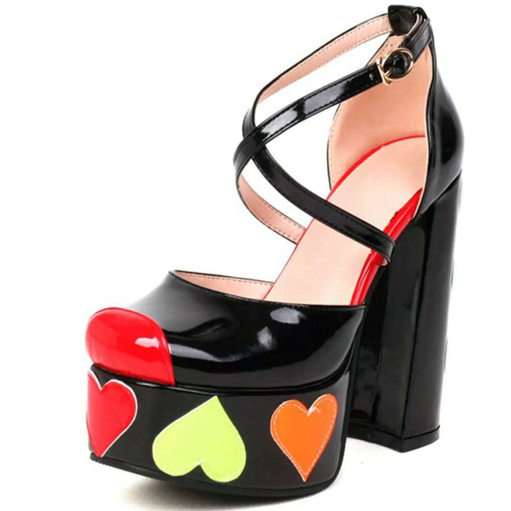 Luxury Designer Marry Janes Pumps For Women Love Heart High Heels Buckle Platform Punk Chunky Pink Wedding Party women&#39;s Shoes - KIMLUD