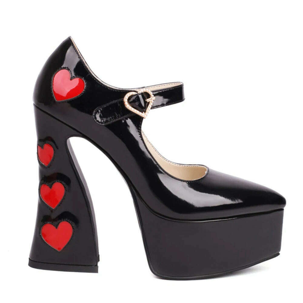 KIMLUD, Luxury Designer Marry Janes Pumps For Women Love Heart High Heels Buckle Platform Punk Chunky Pink Wedding Party women&#39;s Shoes, black New / 5, KIMLUD Women's Clothes