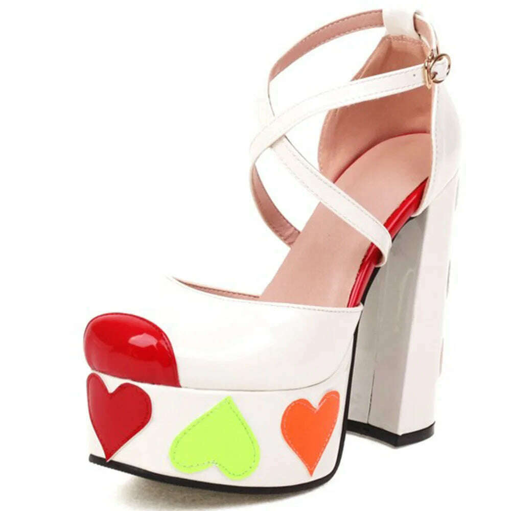 Luxury Designer Marry Janes Pumps For Women Love Heart High Heels Buckle Platform Punk Chunky Pink Wedding Party women&#39;s Shoes - KIMLUD
