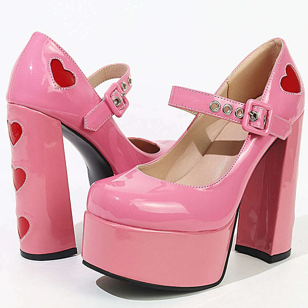 Luxury Designer Marry Janes Pumps For Women Love Heart High Heels Buckle Platform Punk Chunky Pink Wedding Party women&#39;s Shoes - KIMLUD