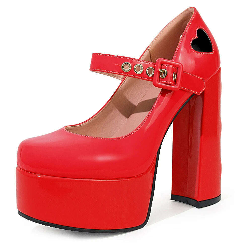 Luxury Designer Marry Janes Pumps For Women Love Heart High Heels Buckle Platform Punk Chunky Pink Wedding Party women&#39;s Shoes - KIMLUD