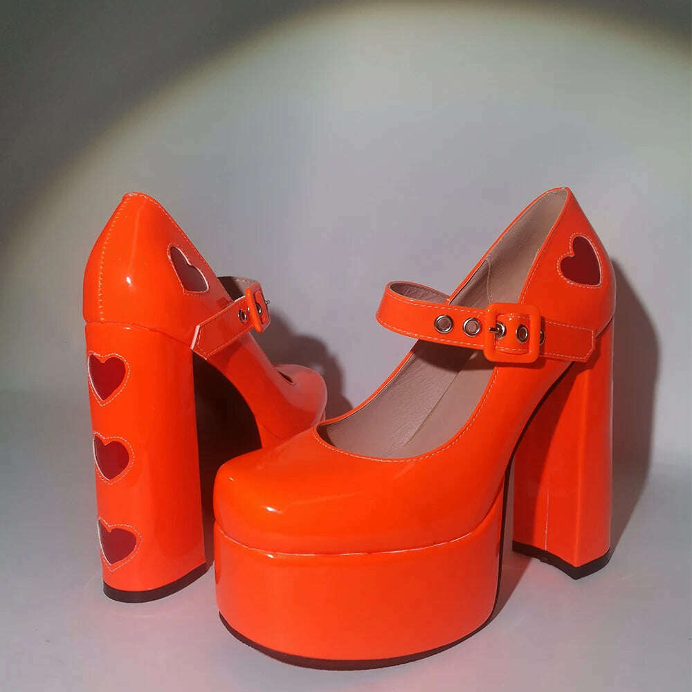 Luxury Designer Marry Janes Pumps For Women Love Heart High Heels Buckle Platform Punk Chunky Pink Wedding Party women&#39;s Shoes - KIMLUD
