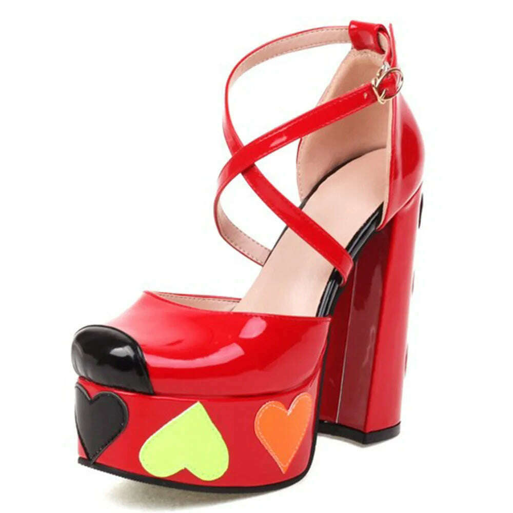 Luxury Designer Marry Janes Pumps For Women Love Heart High Heels Buckle Platform Punk Chunky Pink Wedding Party women&#39;s Shoes - KIMLUD