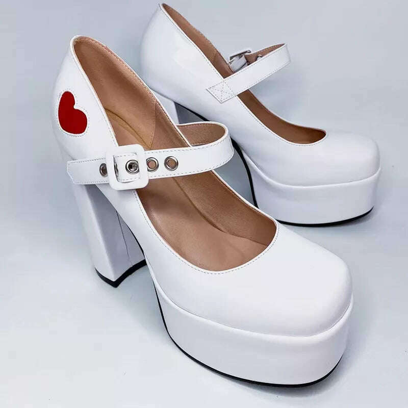 Luxury Designer Marry Janes Pumps For Women Love Heart High Heels Buckle Platform Punk Chunky Pink Wedding Party women&#39;s Shoes - KIMLUD