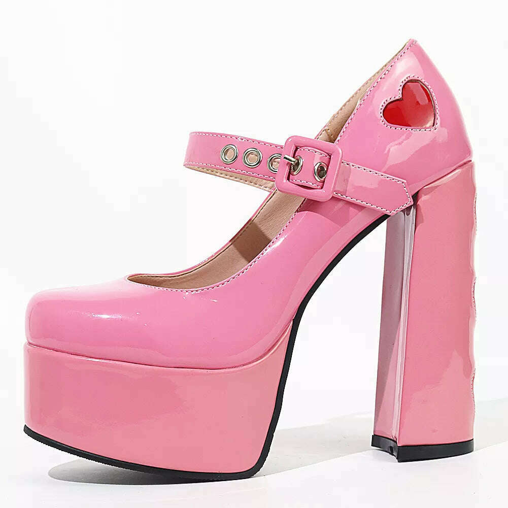 KIMLUD, Luxury Designer Marry Janes Pumps For Women Love Heart High Heels Buckle Platform Punk Chunky Pink Wedding Party women&#39;s Shoes, KIMLUD Women's Clothes