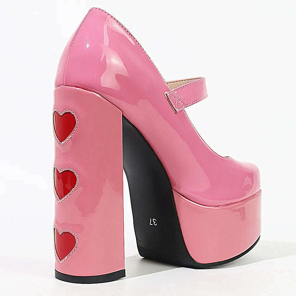 KIMLUD, Luxury Designer Marry Janes Pumps For Women Love Heart High Heels Buckle Platform Punk Chunky Pink Wedding Party women&#39;s Shoes, KIMLUD Women's Clothes