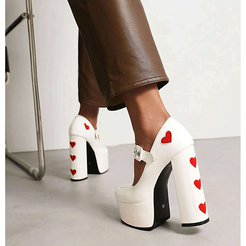 Luxury Designer Marry Janes Pumps For Women Love Heart High Heels Buckle Platform Punk Chunky Pink Wedding Party women&#39;s Shoes - KIMLUD
