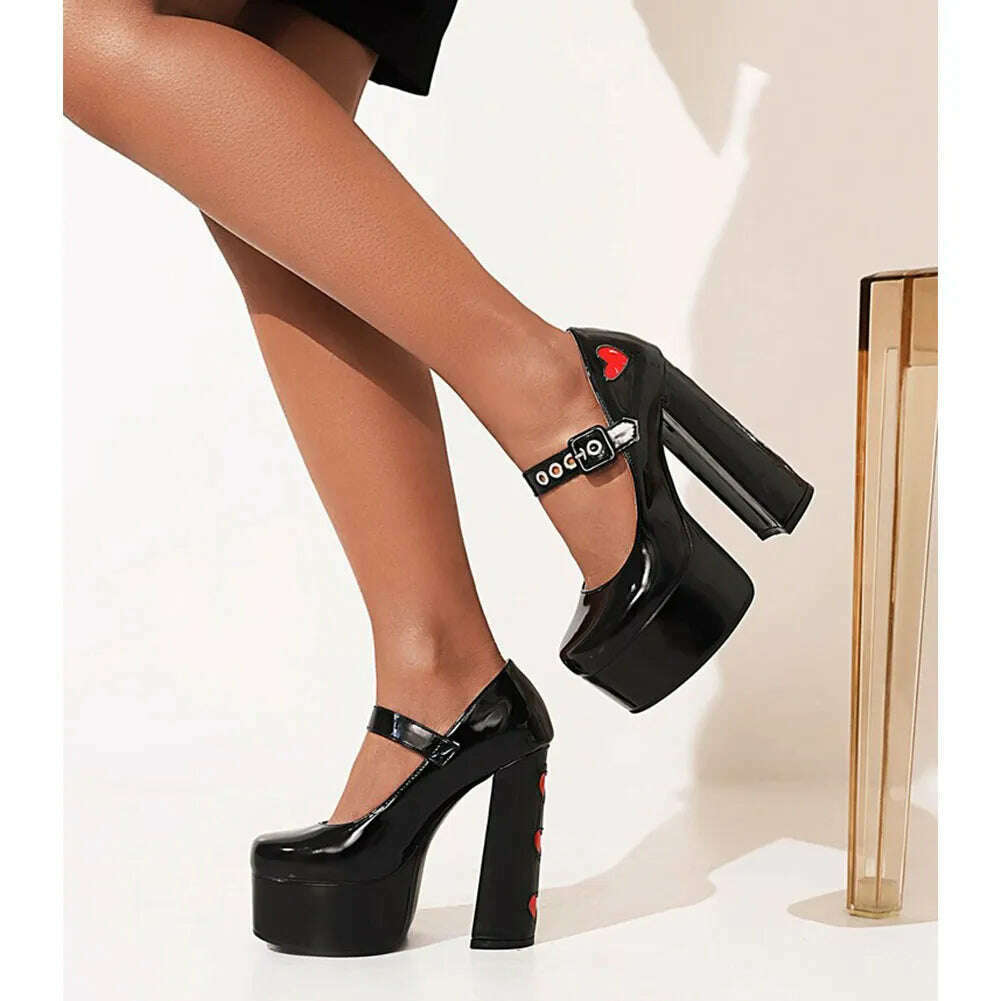Luxury Designer Marry Janes Pumps For Women Love Heart High Heels Buckle Platform Punk Chunky Pink Wedding Party women&#39;s Shoes - KIMLUD