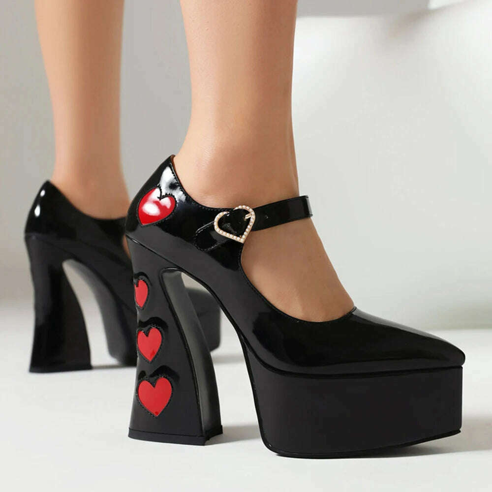Luxury Designer Marry Janes Pumps For Women Love Heart High Heels Buckle Platform Punk Chunky Pink Wedding Party women&#39;s Shoes - KIMLUD