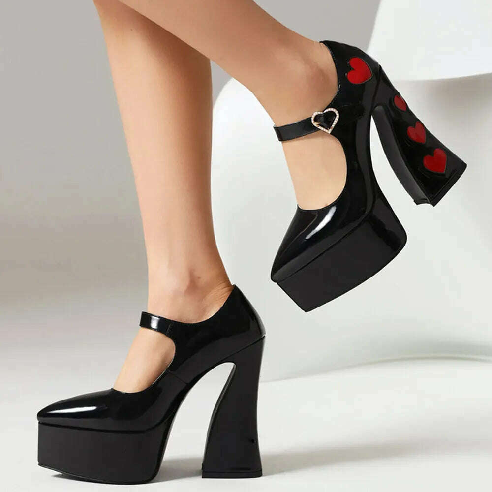 Luxury Designer Marry Janes Pumps For Women Love Heart High Heels Buckle Platform Punk Chunky Pink Wedding Party women&#39;s Shoes - KIMLUD
