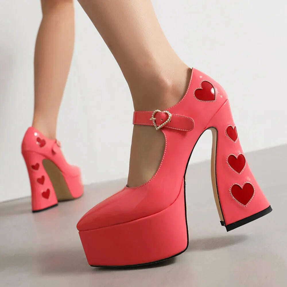 Luxury Designer Marry Janes Pumps For Women Love Heart High Heels Buckle Platform Punk Chunky Pink Wedding Party women&#39;s Shoes - KIMLUD