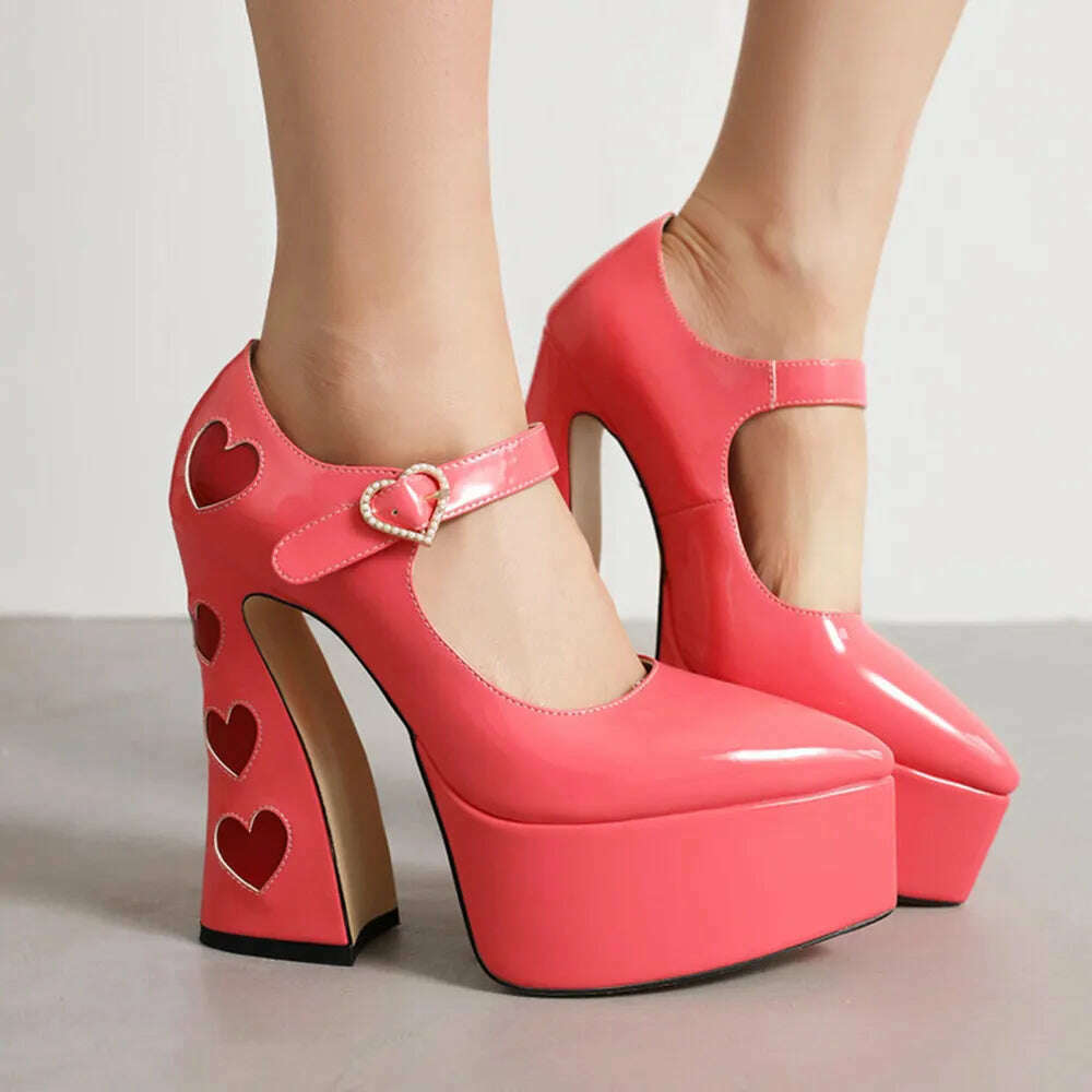 Luxury Designer Marry Janes Pumps For Women Love Heart High Heels Buckle Platform Punk Chunky Pink Wedding Party women&#39;s Shoes - KIMLUD
