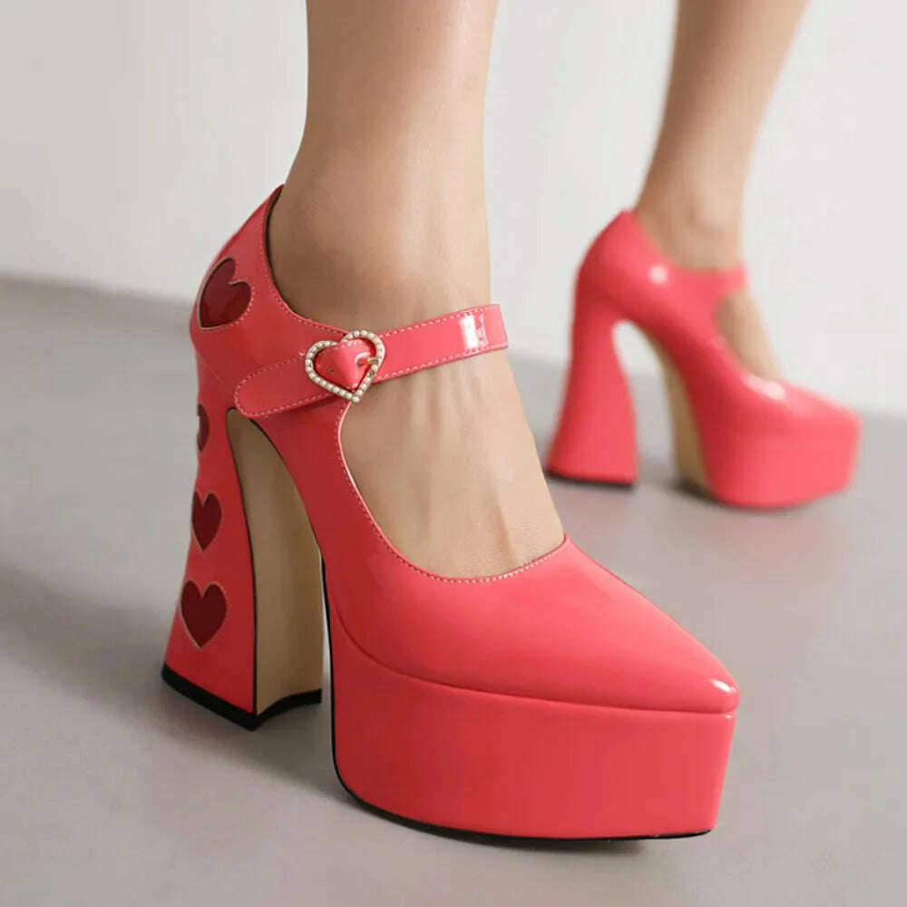 Luxury Designer Marry Janes Pumps For Women Love Heart High Heels Buckle Platform Punk Chunky Pink Wedding Party women&#39;s Shoes - KIMLUD
