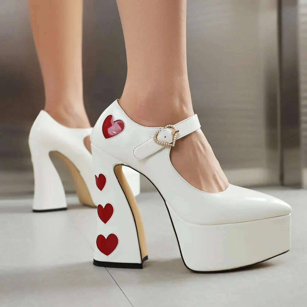Luxury Designer Marry Janes Pumps For Women Love Heart High Heels Buckle Platform Punk Chunky Pink Wedding Party women&#39;s Shoes - KIMLUD