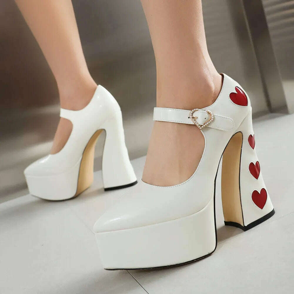 Luxury Designer Marry Janes Pumps For Women Love Heart High Heels Buckle Platform Punk Chunky Pink Wedding Party women&#39;s Shoes - KIMLUD