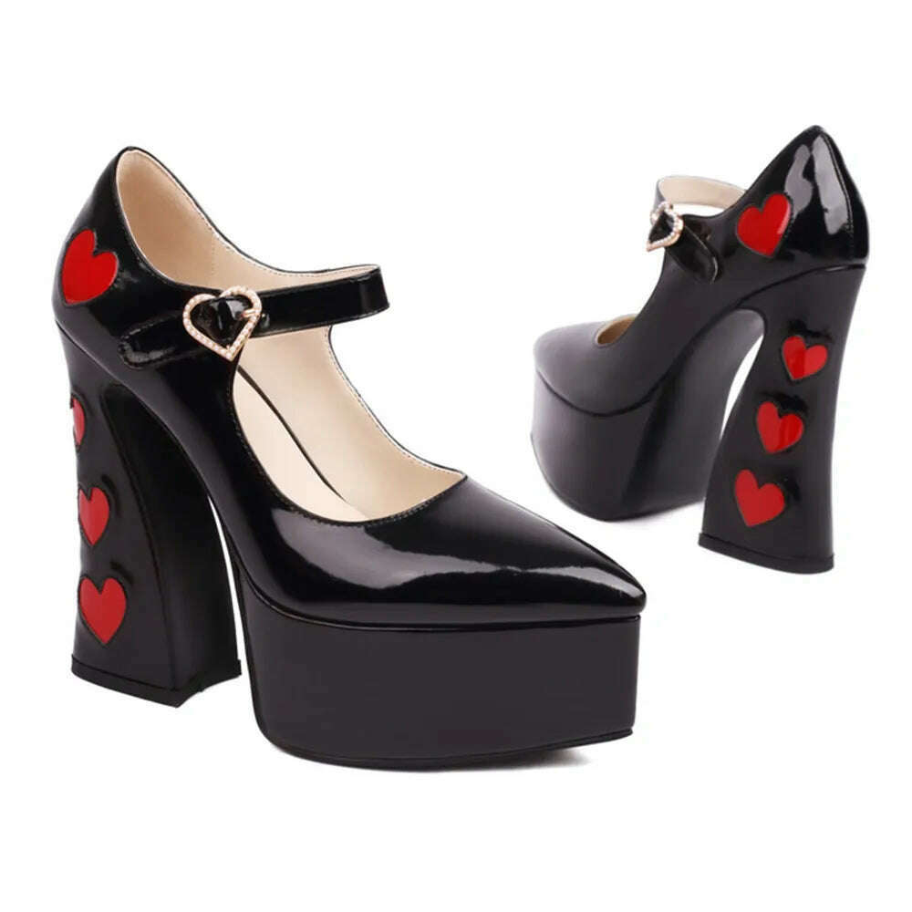 Luxury Designer Marry Janes Pumps For Women Love Heart High Heels Buckle Platform Punk Chunky Pink Wedding Party women&#39;s Shoes - KIMLUD