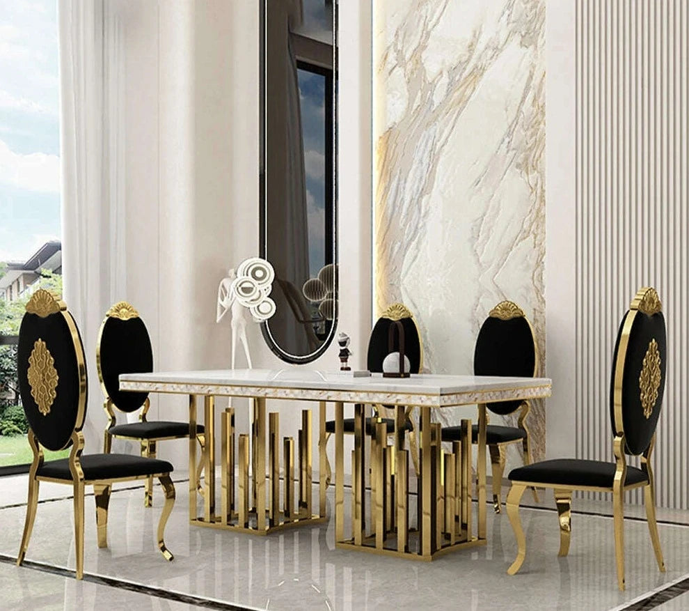 Luxury Dining Room Set: 8 MANBAS Stainless Steel Genuine Leather Chairs, and Rectangle Table Made In Marble and Sea Shell - KIMLUD