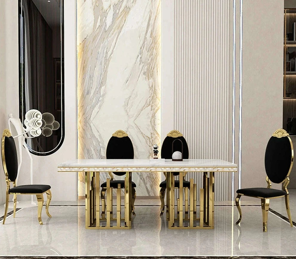 Luxury Dining Room Set: 8 MANBAS Stainless Steel Genuine Leather Chairs, and Rectangle Table Made In Marble and Sea Shell - KIMLUD