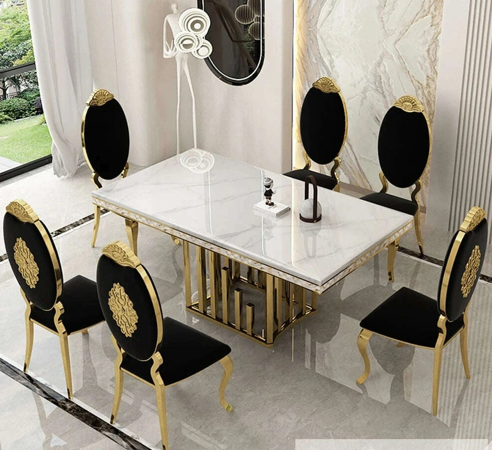 Luxury Dining Room Set: 8 MANBAS Stainless Steel Genuine Leather Chairs, and Rectangle Table Made In Marble and Sea Shell - KIMLUD