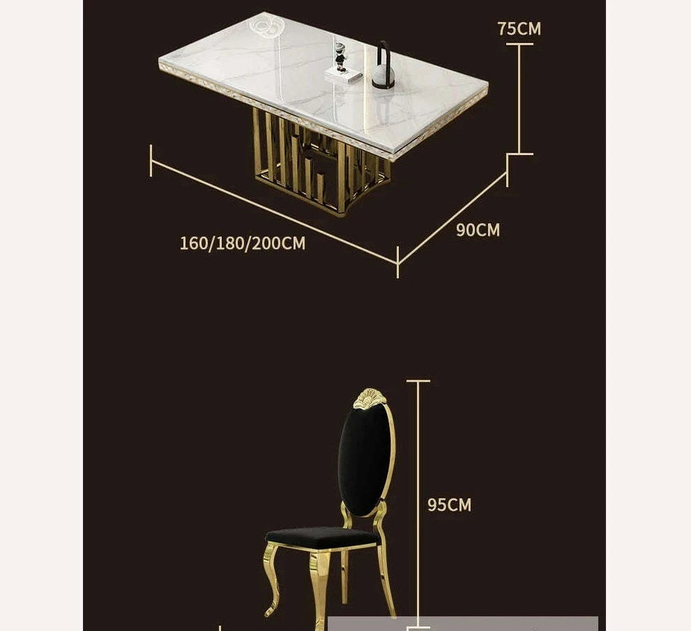 Luxury Dining Room Set: 8 MANBAS Stainless Steel Genuine Leather Chairs, and Rectangle Table Made In Marble and Sea Shell - KIMLUD
